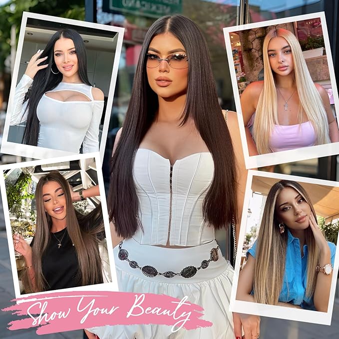 Clip in Synthetic Hair Extensions Long Straight 4PCS Thick Hairpieces Medium Brown Fiber Double Weft Natural Hair Extensions 22 Inch for Women