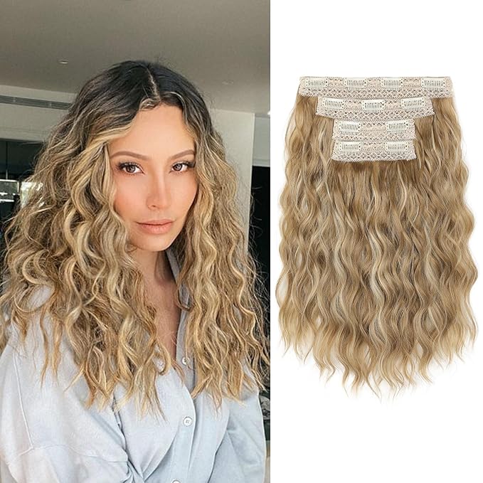 REECHO Clip in Hair Extensions, 4PCS Hair Extensions 14" Short Wavy Invisible Lace Weft Natural Soft Hairpieces for Women – Golden Blonde with Highlights
