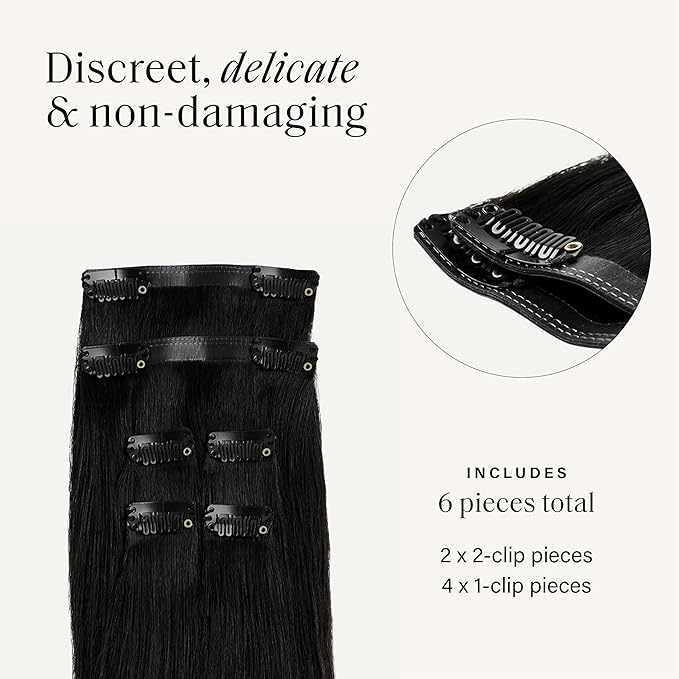 Luxy 100% Remy Human Hair Extensions for Thin Hair Thinning Hair Fill-Ins – 6 Seamless Wefts Multi-Dimensional Color Blend - Natural-Looking Volume & Coverage 80 grams 16" Off Black Thinning