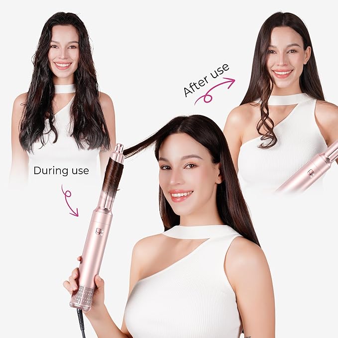 6 in 1 Hair Dryer Brush, Detachable Air Styler, 3 Heat Settings Blow Dryer Brush Frizz-Free Volumizing, Straightening, Curling ALCI Safety Plug for Travel & Home Styling (Pink)