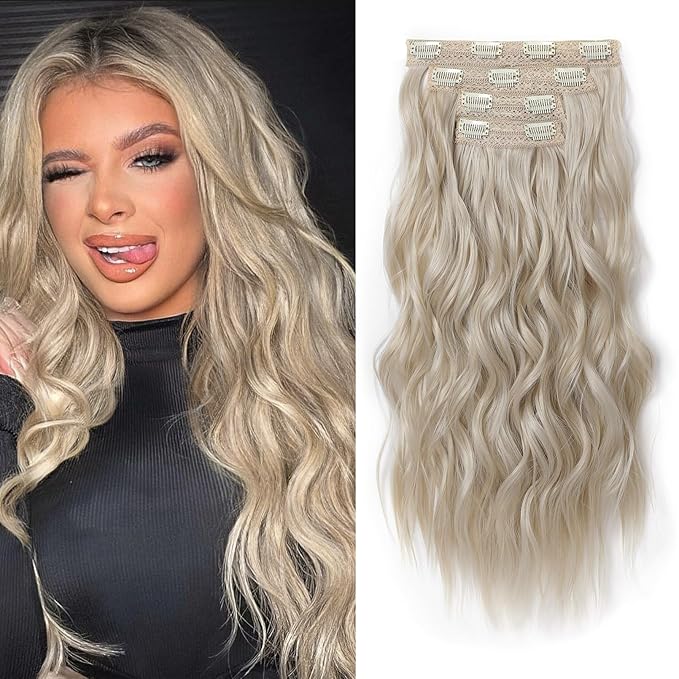 REECHO Clip in Hair Extensions, 4PCS Blonde Hair Extensions 24" Thick Long Beach Waves hair extensions HE003 Invisible Lace Weft Natural Soft Hairpieces for Women – Medium Blonde