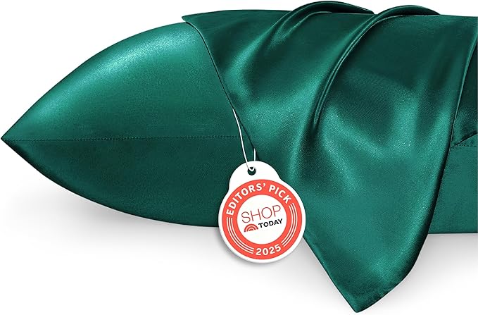 Bedsure Satin Pillowcase 2 Pack Similar to Silk Pillow Cases Standard Size, Green Christmas Pillow Case with Envelope Closure, Decor Gifts for Women Men, Dark Green, 20x26 Inches, 2pcs
