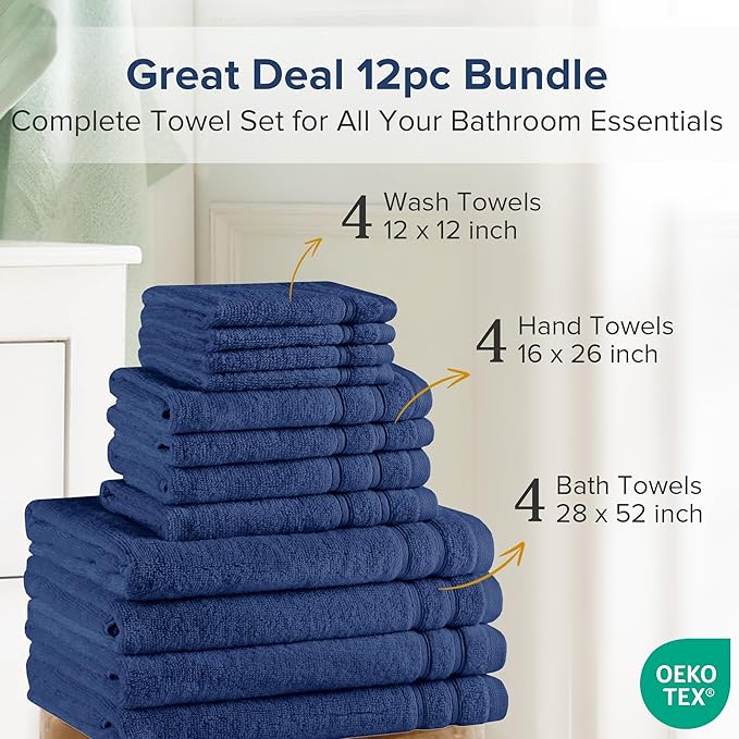 Comfort Spaces Luxury Bath Towel Set - 12 Piece, 4 Large, 4 Hand, 4 Washcloth - 100% Cotton, Quick Dry, Soft, Indigo Navy Blue