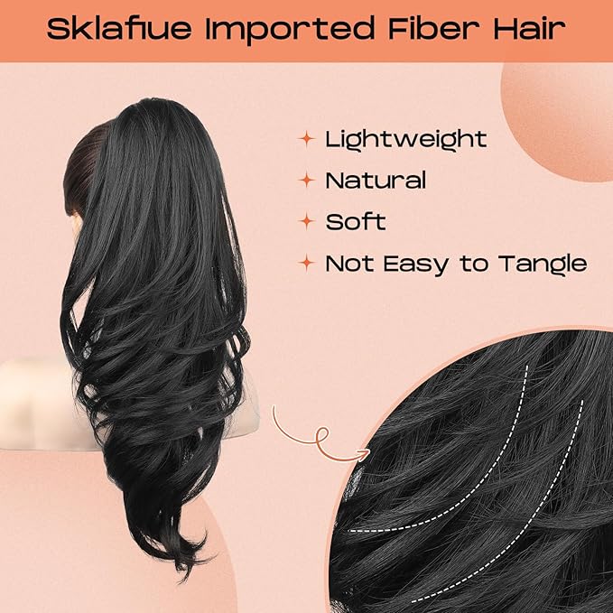 SEIKEA Ponytail Extension, 18" Wavy Claw Clip in Hair Extensions for Women, Lightweight Fluffy Synthetic Ponytail Hairpiece, Natural Soft & Easy to Wear, for Short & Medium Hair Black