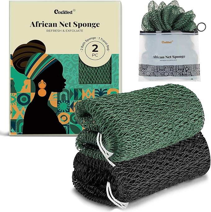 CORATED African Net Sponge Authentic, Shower Loofah Exfoliating Bath Sponge, Body Scrubber for Women and Men Daily Use Body Care, Travel Portable Bath Accessories Spa Gifts
