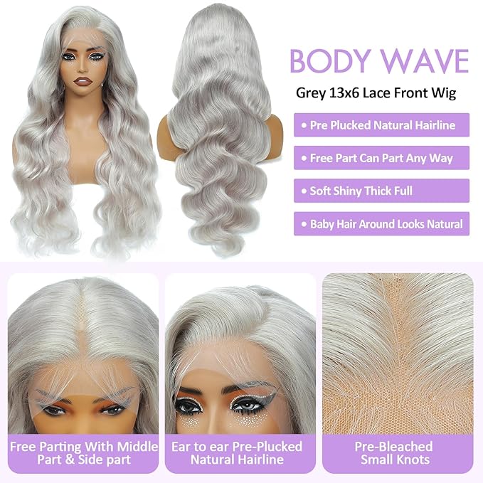 Grey 13x6 Lace Front Wigs Human Hair 200 Density HD Body Wave Lace Front Wigs Human Hair Pre Plucked Pre Cut Lace Frontal Wig 13x6 Body Wave Wig for Women 36 Inch