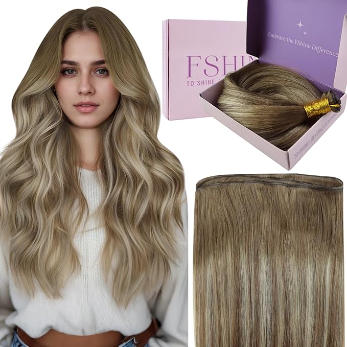 Fshine Genius Weft Hair Extensions Color Chestnut Brown Fading to Platinum Blonde Sew in Hair Extensions for Women 14 Inch 50g