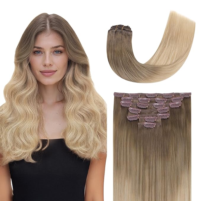 GOO GOO Clip in Hair Extensions Real Human Hair, Remy Human Hair Extensions Clip ins for Women, Natural Human Hair, 18inch 120g 7 Pcs, #9/18J/60 Chocolate Brown to Champagne Blonde Balayage