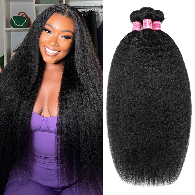 3 Bundles Human Hair Kinky Straight 24 26 28 Inch 12A Grade Unprocessed Yaki Straight Human Hair Brazilian Sew In Kinkycurly 3 Bundles Thick Virgin Hair Extensions Natural Color