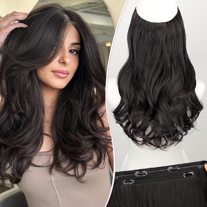Invisible Wire Hair Extensions with Transparent Wire Adjustable Size 4 Secure Clips Long Wavy Secret Hairpiece 16 Inch for Women(Dark Brown)