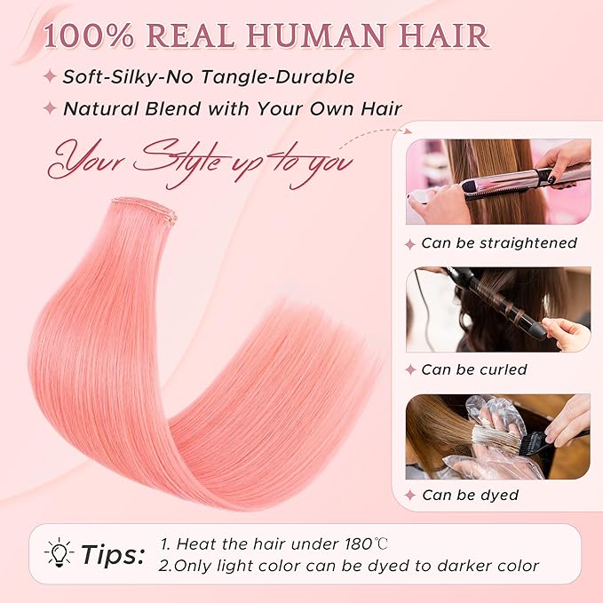 SEGO Single Pink Clip In Hair Extensions Real Human Hair 6 Pcs Individual Colored Clip Ins Highlight Remy Balayage Straight Soft Seamless Hairpieces for Women -18 Inch #Pink