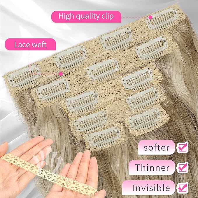 KooKaStyle Short Hair Extensions 6PCS 14 Inch Wavy Curly Hairpieces Synthetic Soft Lace Weft Clip in Hair Extensions-Ash Brown mix Platinum Blonde for Women