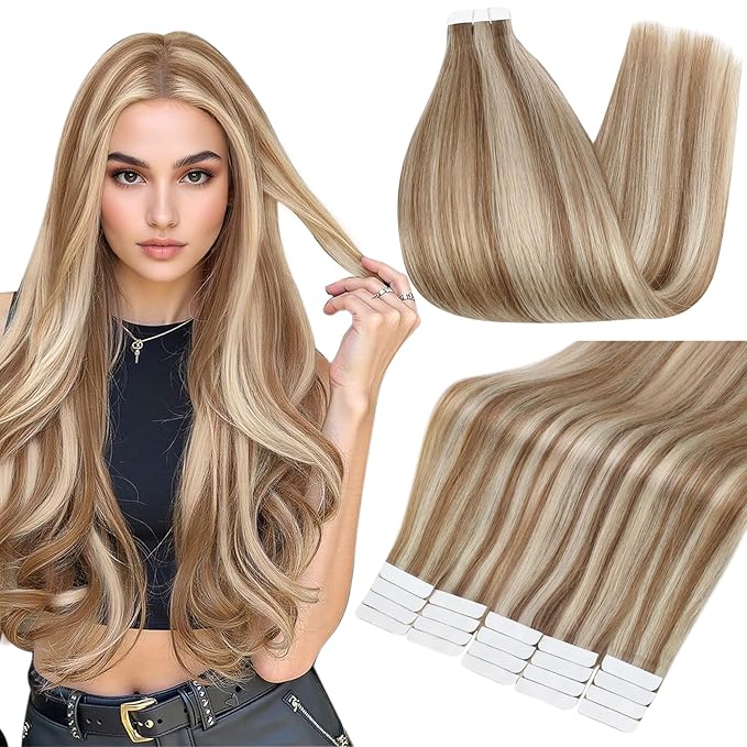 Full Shine Human Hair Tape in Extensions Color 10/613 Blonde With Brown 18 Inch Invisible Seamless Skin Weft Extensions Tape in 20 Pieces Straight Natural Remy Soft and Silky for Wedding 50 Grams
