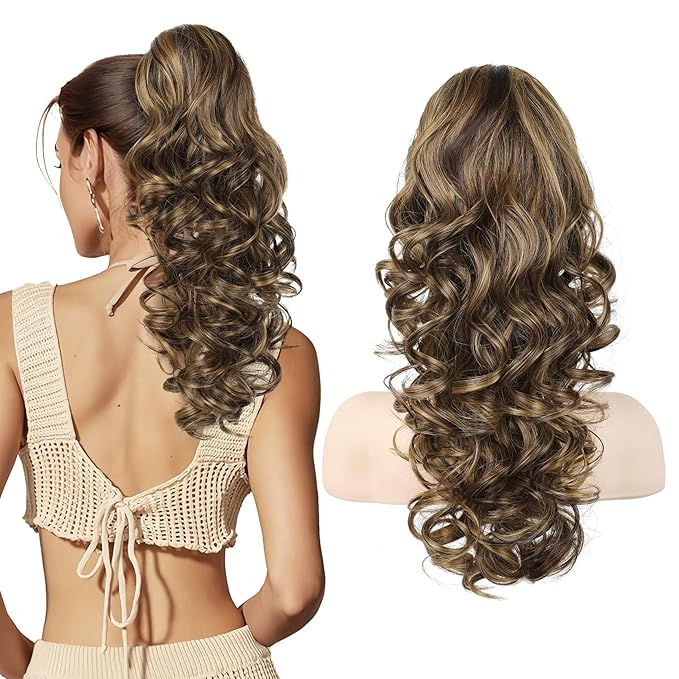 Flufymooz Ponytail Extension, 18 inch Wavy Curly Claw Clip Ponytail Extension Clip on Ponytails Natural Synthetic Hairpiece for Women Daily Wear (Chocolate Brown with Medium Blonde)