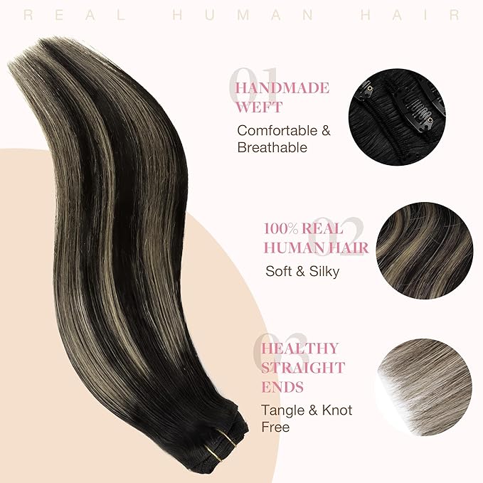 GOO GOO Clip in Hair Extensions Real Human Hair, Remy Human Hair Extensions Clip ins for Women, Natural Human Hair, 24inch 120g 7Pcs, 1B/16/1B Balayage Natural Black to Light Blonde