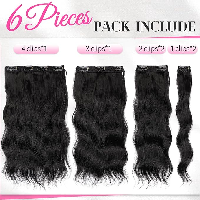 KooKaStyle Short Hair Extensions 6PCS 14 Inch Wavy Curly Hairpieces Synthetic Soft Lace Weft Clip in Hair Extensions-Black for Women