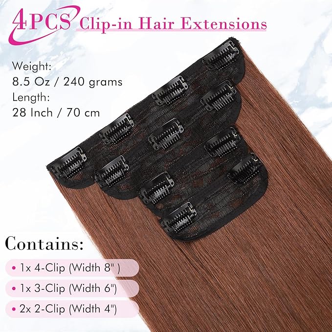 REECHO 28" Straight Long 4 PCS Set Thick Clip in on Hair Extensions - Dark Copper