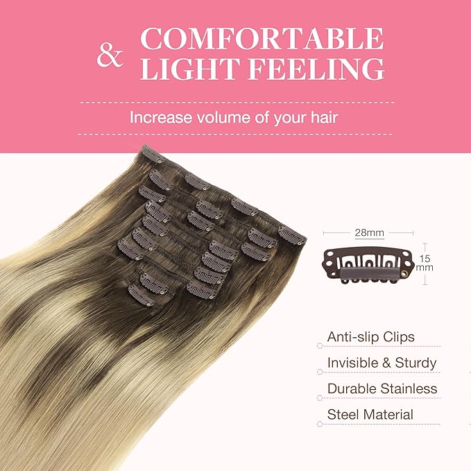 GOO GOO Clip in Hair Extensions Real Human Hair, Remy Human Hair Extensions Clip ins for Women, Natural Human Hair, 20inch 150g 9Pcs, 4/18 Balayage Chocolate Brown Highlighted Dirty Blonde