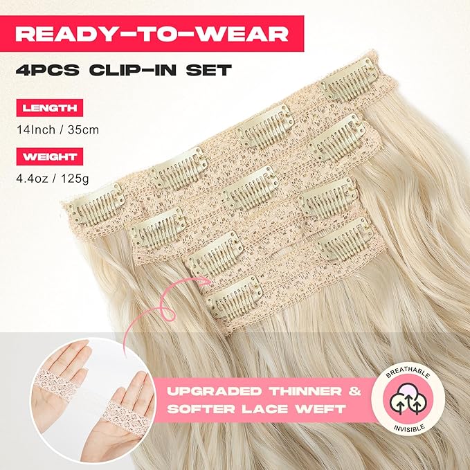 Hair Extensions, 14" Short Clip in Hair Extensions 4PCS Beach Wave Blonde Natural Soft Synthetic Hairpiece for Women - Light Blonde