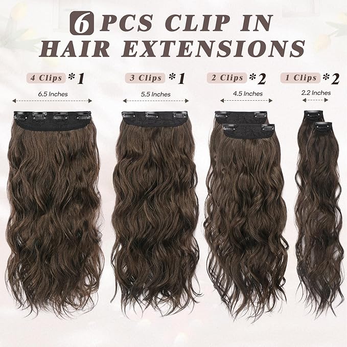 BARSDAR Beach Wavy Brown Clip in Hair Extensions – 20 Inch 6PCS Thick Soft Synthetic Hairpieces, Full Head Clip in Hair Extensions for Women – Long Voluminous Easy Wear Daily Party - Brown