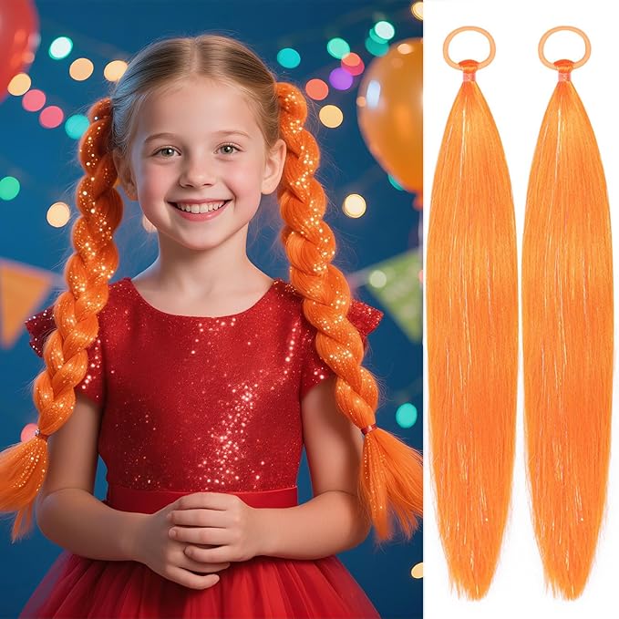 Orange Hair Extensions for Braids Ponytail Extension 2 Packs, 20 inch Crazy Hair Day Accessories for Women, DIY Festival Wacky Rave Braids,Tinsel Mixed