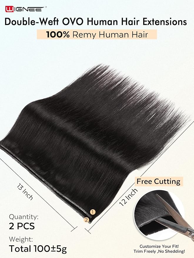 WIGNEE OVO Invisible Human Hair Extensions 100% Real Remy Human Hair Weft Black Hair Extensions Human Hair 2 PCS 12 Inch No Glue Genius Weft Micro Bead Real Human Hair Extensions for women(1B)