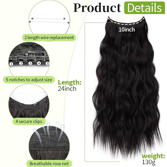 KooKaStyle Invisible Wire Hair Extensions with Transparent Headband Adjustable Size 4 Secure Clips Long Wavy Secret Wire Hairpiece for Women(24 Inch Natural Black)