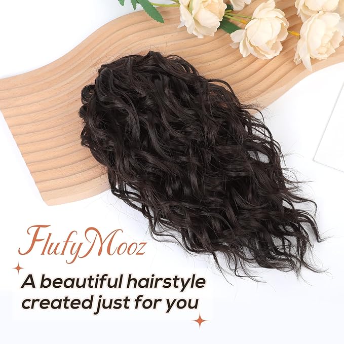 Flufymooz Ponytail Extension, 12" Short Claw Ponytail Extension Wavy Curly Jaw Clip in Pony tails Hair Extension Natural Synthetic Hairpiece for Women (Dark Chocolate Brown)