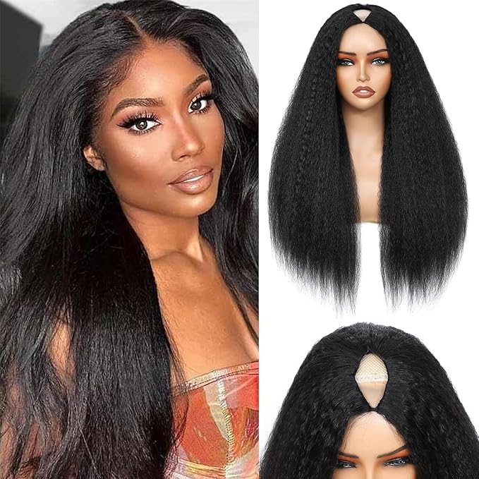 V Part Wig Human Hair Kinky Straight Human Hair Wigs Upgrade U Part Human Hair Wig for Women No Leave Out No Sew In 200% Density Natural Color 18 Inch