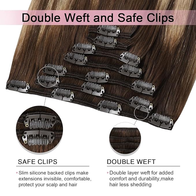 Pro2.0 Remy Clip in Extensions Real Human Hair Color #4/27/4 Chocolate Brown to Caramel Blonde Remy Clip in Hair Extensions Real Human Hair 18inch 120g Thick 7pcs Double Weft（#4/27/4-18inch）