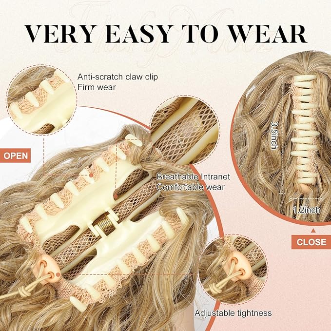 FLUFYMOOZ Ponytail Extension, 12" Short Claw Ponytail Extension Wavy Curly Jaw Clip in Pony tails Hair Extension Natural Synthetic Hairpiece for Women (Golden Blonde with Highlights)