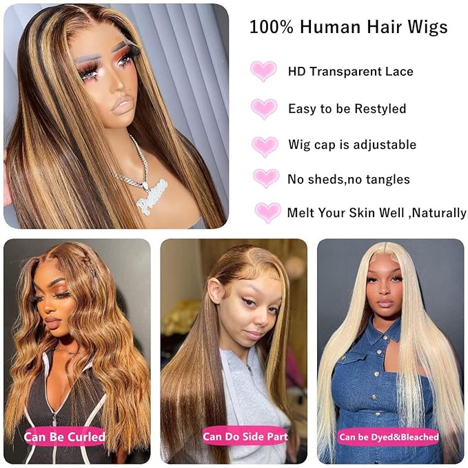 13x4 Highlight Lace Front Wigs Human Hair 4/27 Honey Blonde Lace Front Wig Human Hair 200% Density HD Transparent Ombre Lace Frontal Wigs Pre Plucked(24inch,4/27 13X4)