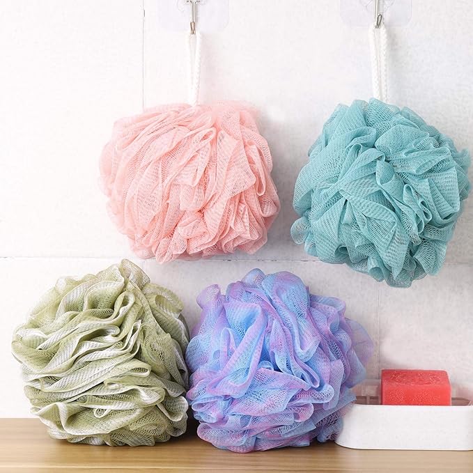 BTYMS Large Loofah Sponge Shower Scrunchies Puff 75g/pc Mesh Pouf Bath Loofa Body Sponges Scrubber for Bathing - Pack of 4