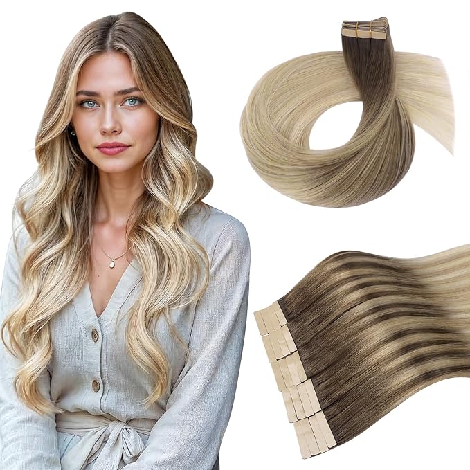 DOORES Tape in Real Human Hair Extensions, Ash Brown to Dirty Blonde Balayage Platinum Blonde 16 Inch 50g 20pcs, Invisible Hair Extensions Tape in Balayage Straight Seamless