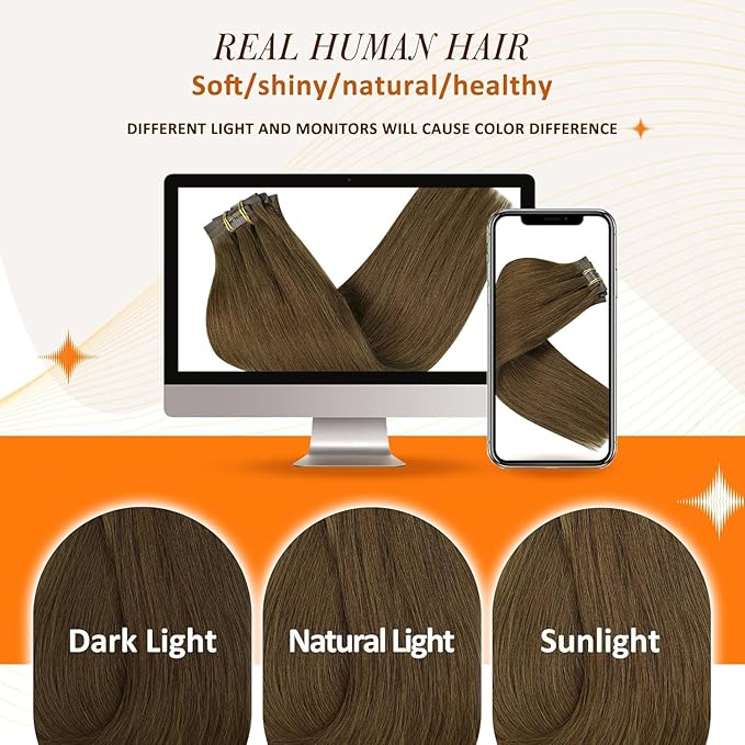 Full Shine Brown Clip in Human Hair Extensions 18 Inch Seamless Clip in Hair Extensions,Pu Weft Medium Brown Real Human Hair Clip in Extensions Straight Brazilian Hair 8 Pcs 120G