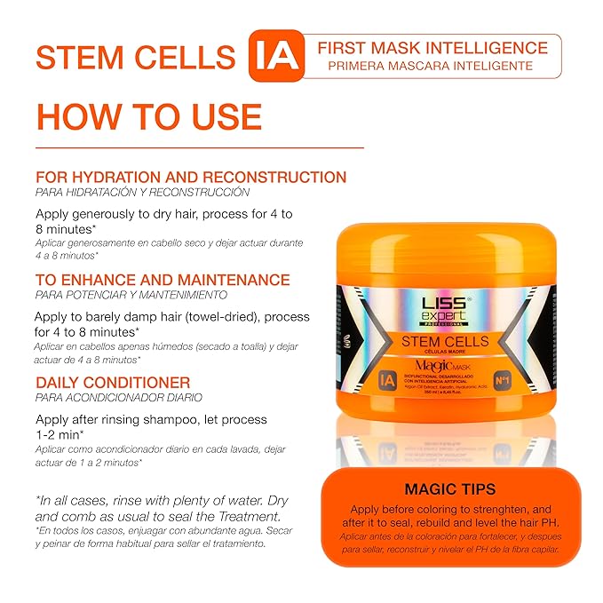 Liss Expert Stem Cells Smoothing Treatment 16 oz (LONG HAIR ) and Magic AI Mask, 8.45 oz Set Hyaluronic Acid, Collagen, Argan Oil, Keratin and Stem Cells plus our DIVINE OIL