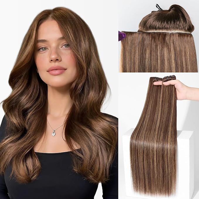 LUVME Invisible Clip in Hair Extensions Real Human Hair, 26 inch 110g 6Pcs, Natural Brown Highlights Human Hair Extensions Clip ins for Women, Natural Seamless Straight Human Hair
