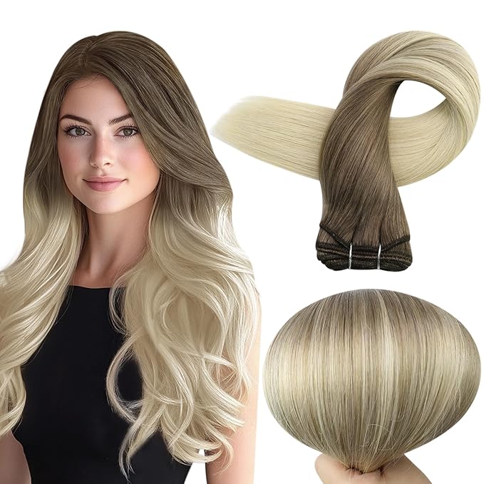 Full Shine Sew In Hair Extensins Real Human Hair Weft Hair Extensions Human Hair Soft Silky Hair Color Ash Brown To Platinum Blonde Extensions Soft Straight Hair 20 Inch 105G