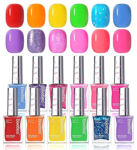 Beetles Glitter Neon Nail Polish Set - 12 Colors Hot Pink Blue Purple Rainbow Rright Glitter Nail Polish Set, Air Quick Dry DIY Fingernail Art Set Christmas Salon Home Gift