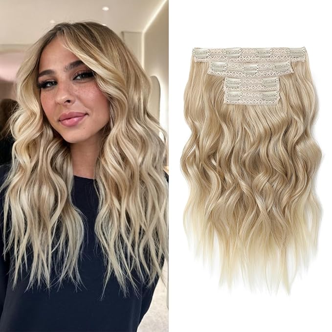 Hair Extensions, 14" Short Clip in Hair Extensions 4PCS Beach Wave Blonde Natural Soft Synthetic Hairpiece for Women - Dark Blonde with Light Ends