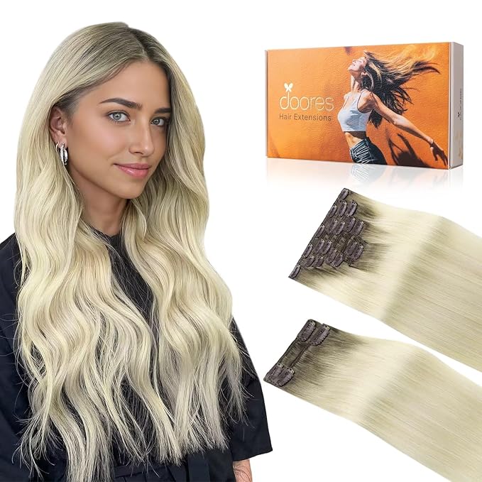 DOORES Clip in Hair Extensions Real Human Hair, Light Ash Brown to Ash Blonde 150g 9pcs 22 Inch, Human Hair Clip in Extensions Remy Clip In Hair Extensions Straight Thick Natural Hair Extensions