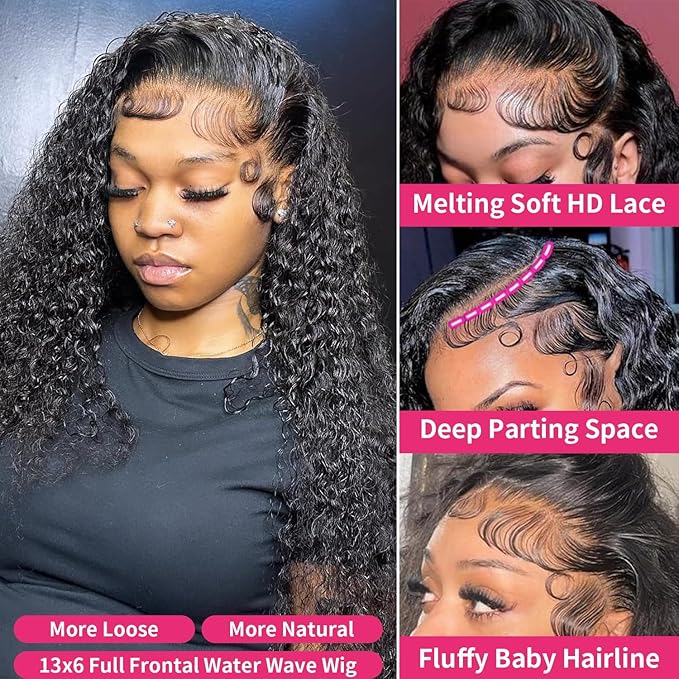 Water Wave Lace Front Wigs Human Hair 13x6 HD Lace Front Wigs Pre Plucked Brazilian Curly Wig 200 Density Glueless Frontal Wigs For Black Women (13x6 Water Wave Lace Front Wig Natural Black, 26 Inch)