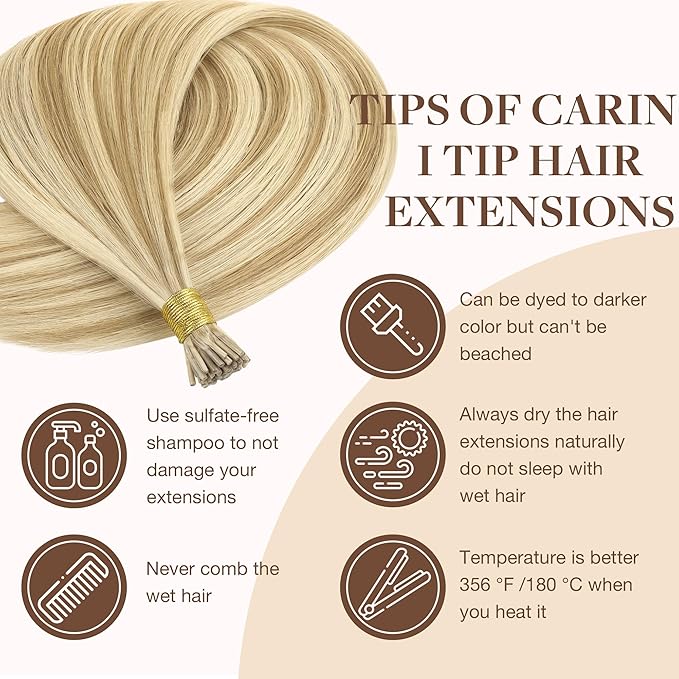 GOO GOO I Tip Hair Extensions Real Human Hair, 16inch 50g 100S, Cold Fusion I Tip Hair Extensions, Invisible Remy Hair Extensions, 16/22 Light Blonde Highlighted Golden Blonde