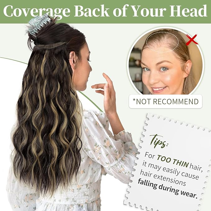 KooKaStyle Invisible Wire Hair Extensions with Transparent Headband Adjustable Size 4 Secure Clips Long Wavy Secret Wire Hairpiece 20 Inch Dark Brown with Blonde Highlights for Women