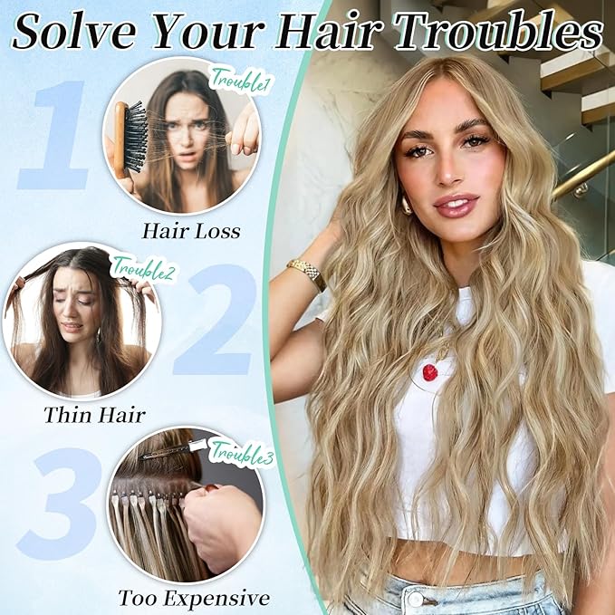KooKaStyle Clip in Synthetic Hair Extensions Long Wavy 4PCS Thick Hairpieces Light Brown mix Golden Blonde Fiber Double Weft Natural Hair Extensions 24 Inch for Women