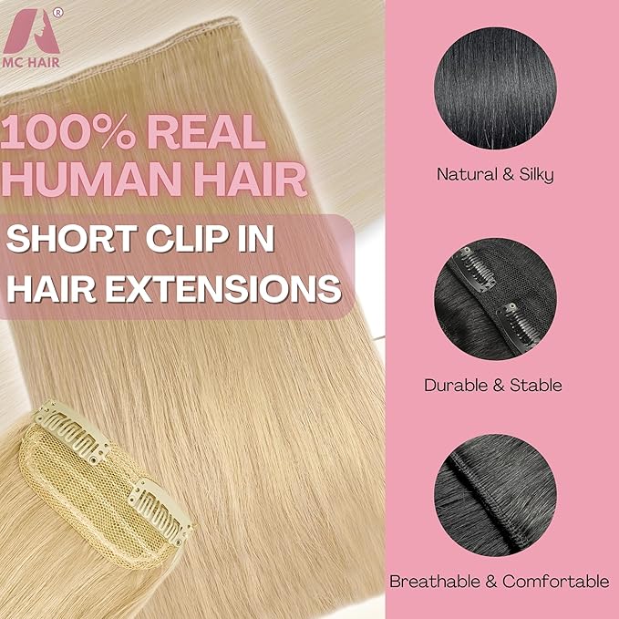2 Pcs Short Clip in Hair Extensions, Human Hair Clip in Extensions Women Adding Volume 6 inch Golden Blonde