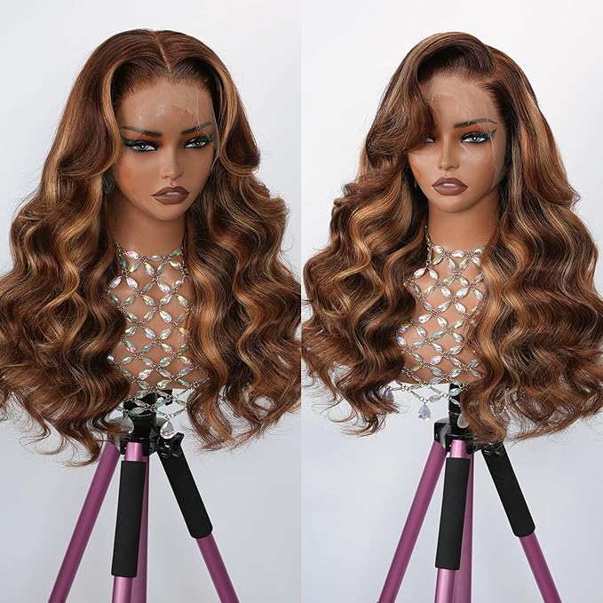 SKINLIKE HD Lace 13x4 Full Frontal Lace Wig 4/27 Honey Blonde Highlight Ombre 0.10mm Ultra-thin Invisible Swiss Lace Front Wigs Body Wave Lace Frontal Wigs Human Hair Pre Plucked Bleached Tiny Knots