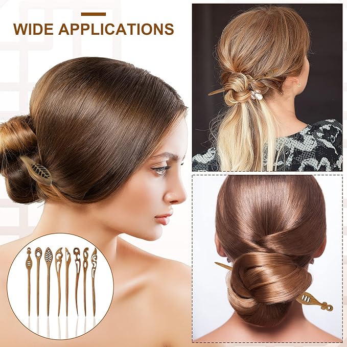 Chuangdi 8 Pieces Wooden Hair Sticks Japanese Hair Chopstick for Women Bun Maker, Chinese Chopstick Hairpin for Women Handmade Chignon Maker Accessories(Chic Pattern)