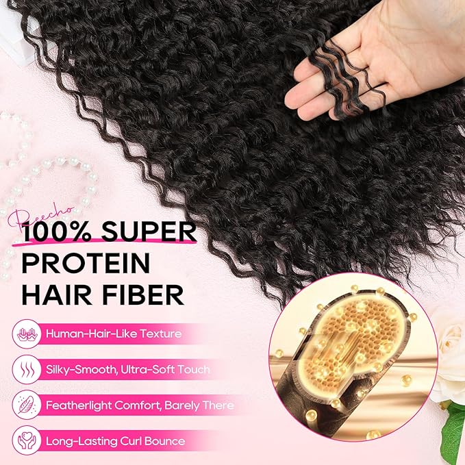 REECHO Hair Extensions - 4PCS 20" Water Wave Clip in Hair Extensions 100% Super Protein Silky Soft Natural Look with Invisible Lace Weft Hairpieces for Women - Black Brown
