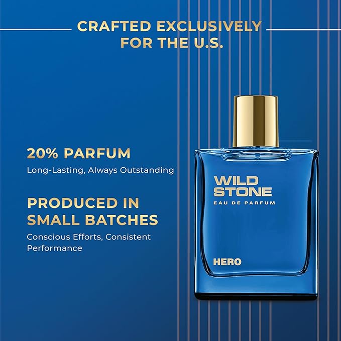 Wild Stone Hero Perfume for Men| Luxury Eau De Parfum | Long-Lasting Fragrance | Premium Perfume for Men | Infused with Aromatic & Marine Notes 100 ml 3.4 Fl oz | Vegan | Clean Ingredients